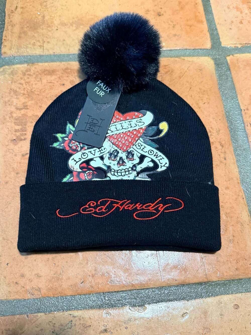 Ed Hardy Beanie - Love Kills Slowly Rhinestone Embroidered